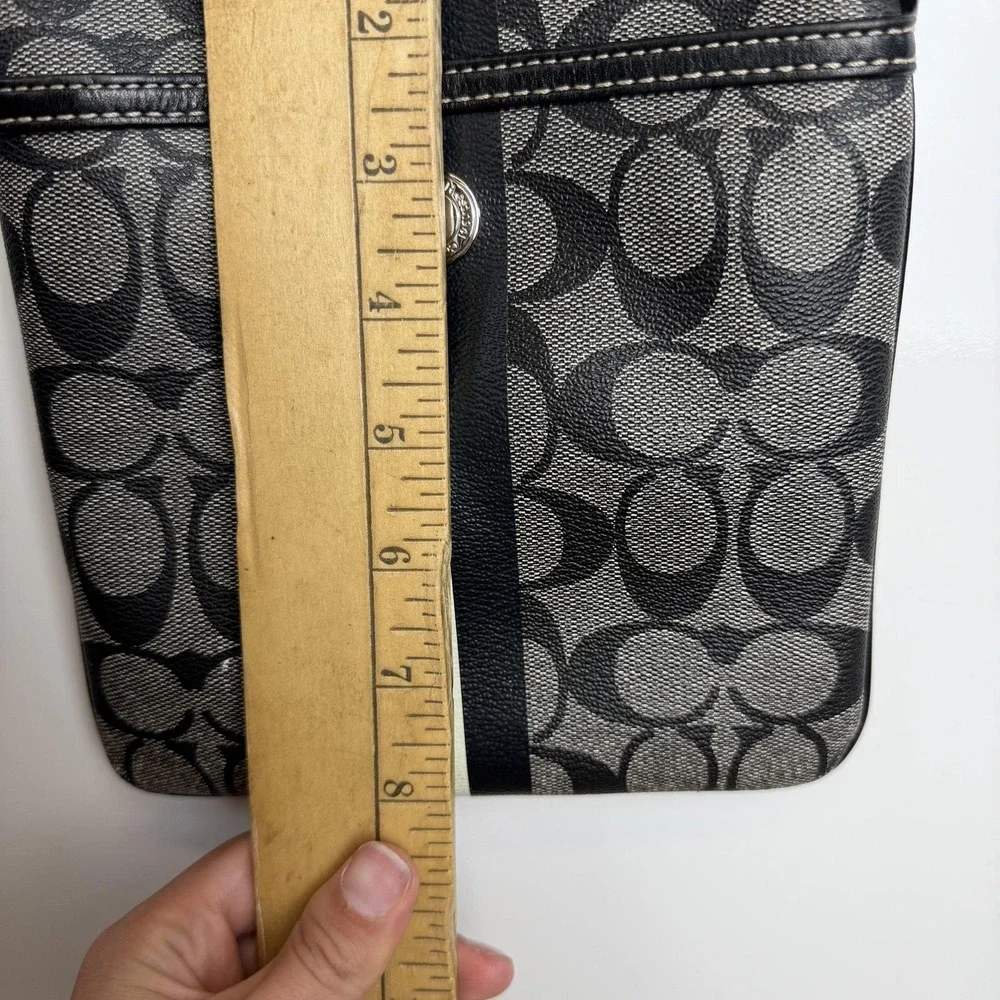 Coach Crossbody Bag Womens Small Black Signature Avary Canvas Stripe Blue Lining